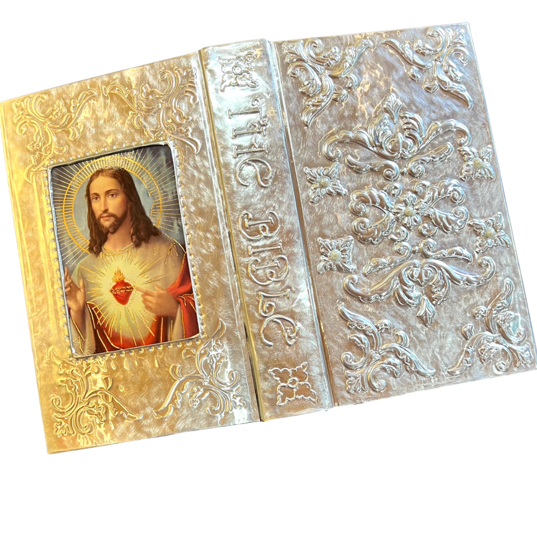 Bible (English) Sacred Heart of Jesus Hand-Embossed Aluminum Design| Religious Decor Gift