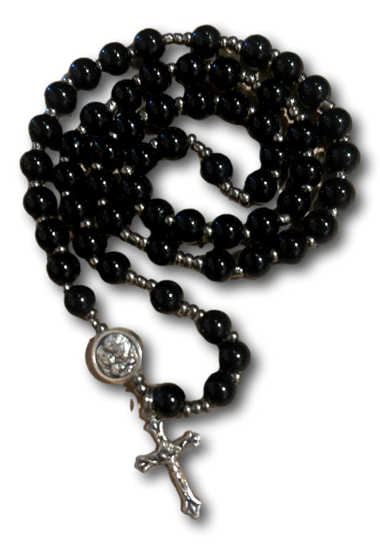 Black Glass Rosary – 5-Decade Stretch Necklace & Wrap Bracelet for Prayer and Spiritual Strength