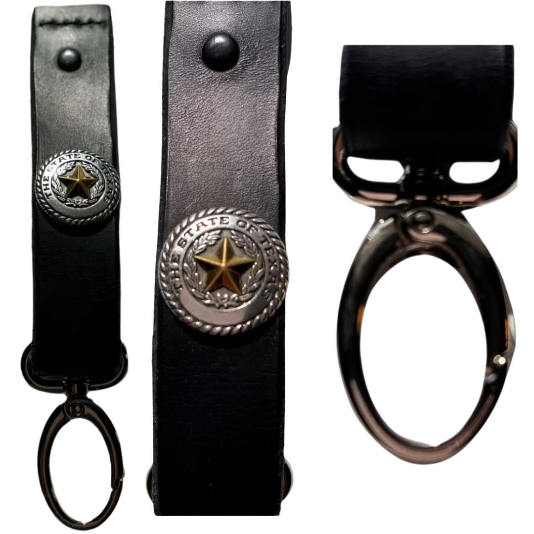 Black Veg Tan Leather Belt Keychain with Texas Star – Handmade Durable 7x1 Inch Accessory