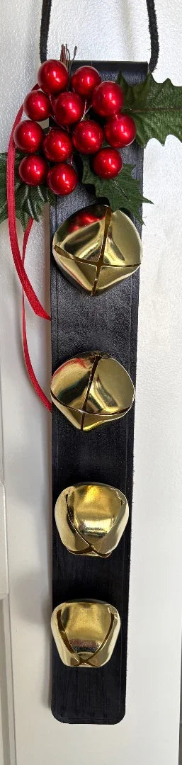 Black leather bell hanger with gold Christmas bells and holiday decor2