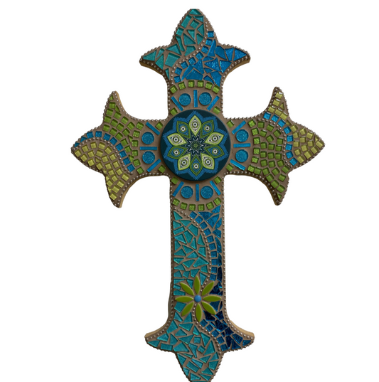 Cross Mosaic Wood Fleur De Lis Green Teal  Round Deco 24.5X16.5