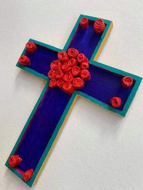 White Wood Cross with Pink Roses – Hand-Painted Decorative Cross (9×6.5×0.75)