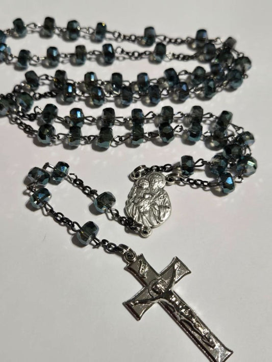 Elegant Blue Crystal Saint Joseph Rosary with Sterling Silver Crucifix