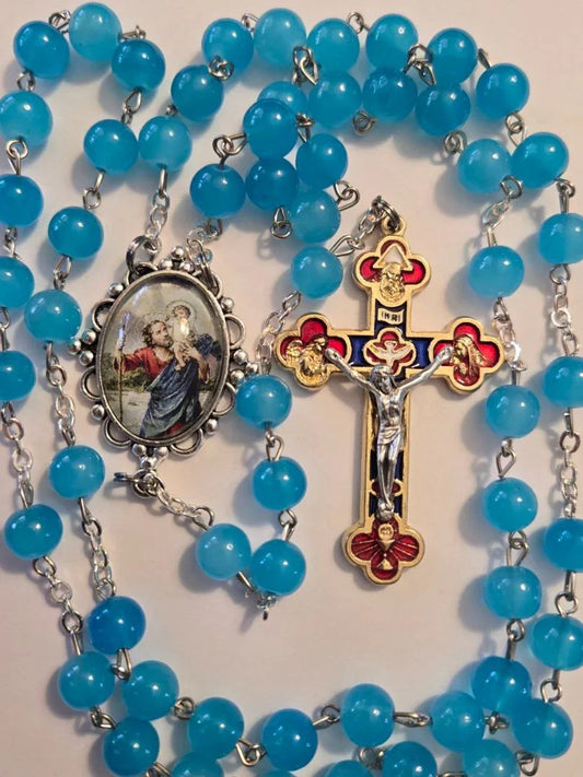Saint Christopher Silver Jubilee Rosary – Baby Blue Glass Beads with Silver Crucifix - Ysleta Mission Gift Shop