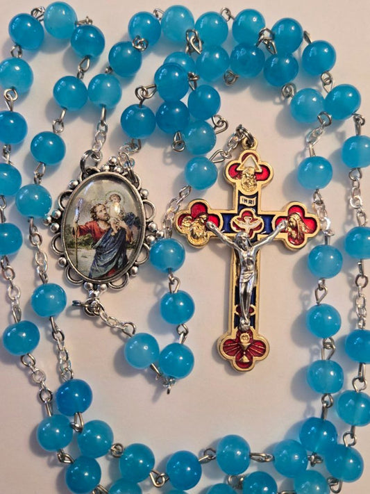 Saint Christopher Silver Jubilee Rosary – Baby Blue Glass Beads with Silver Crucifix