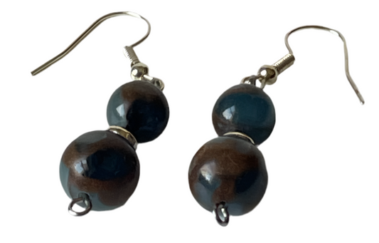Blue & Brown Gemstone Drop Earrings – 1 Dangle with Silver Hooks