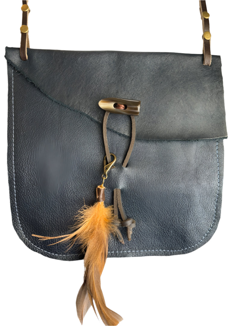 Blue Leather Crossbody Bag with Feather Tassel- Brass Snaps- 8.5 x 8.5 x 15 Size