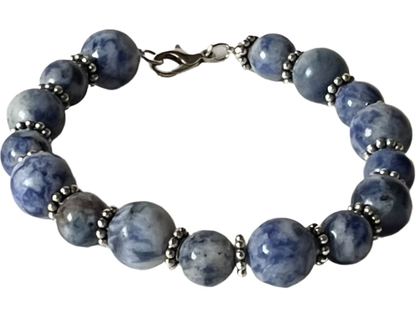 Blue Stone Bracelet with Silver Flower Spacers – 7” Timeless & Elegant