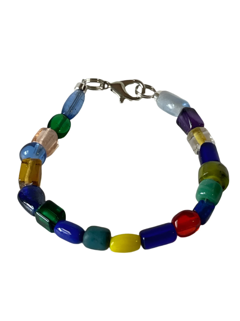 Handmade Tubular Glass Bead Bracelet – 5.5” Multi-Color with Silver Clasp