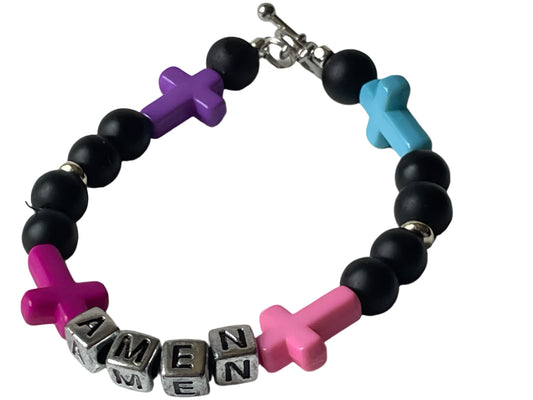 Pink, Purple & Turquoise Cross Amen Bracelet – 6.5 Inches