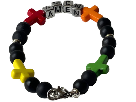 Black & Multi-Color Turquoise Cross Amen Bracelet – 7 Inches
