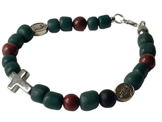 Teal & Brown Saint Michael Cross Bracelet – 7 Inches
