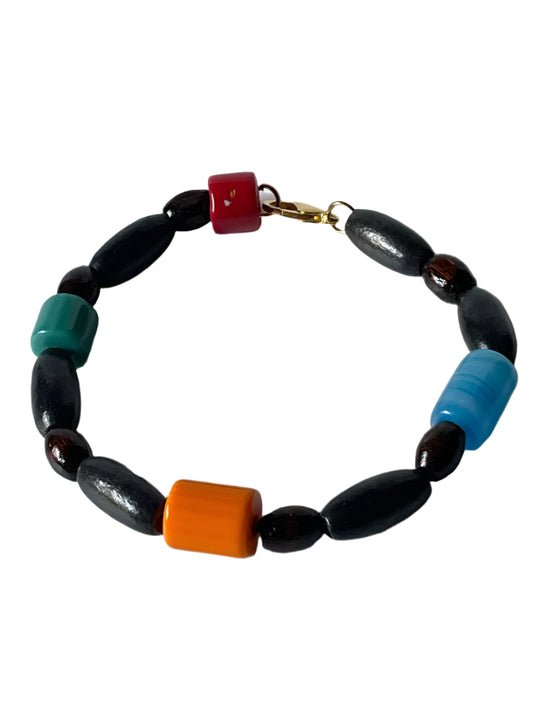 Multicolor Glass Cylinder Bead Bracelet with Gold Lobster Clasp, 7-Inch