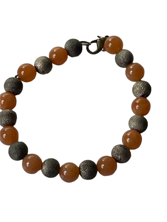 Orange Stone and Gold Glitter Bracelet with Bronze Clasp, 7-Inch