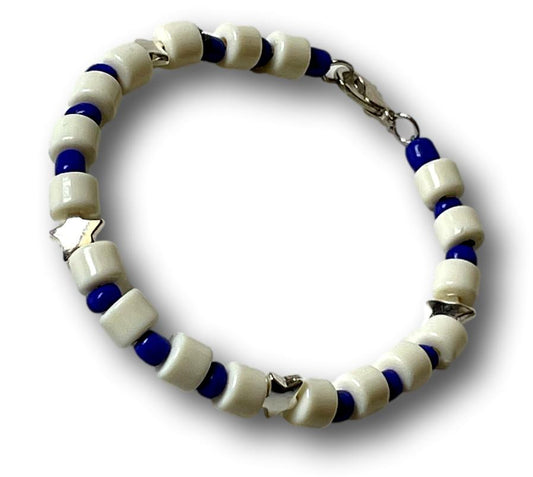 7-Inch Bracelet with White Acrylic Cylinder Beads, Blue Seed Bead Spacers, and Silver Star Accents