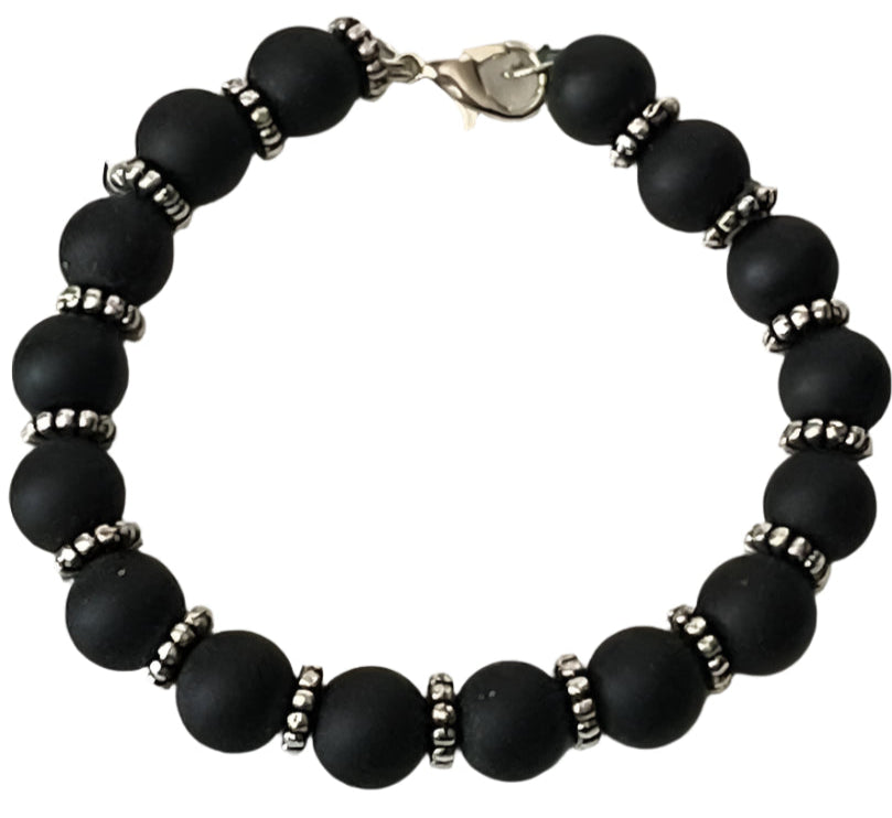 6-Inch Bracelet with Black Stone Beads and Silver Disk Spacers