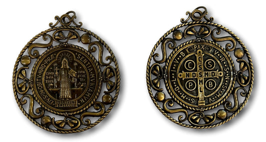 Brass-Tone Saint Benedict Scroll Medal – Cutout Pewter Plaque, 4" x 3.5"