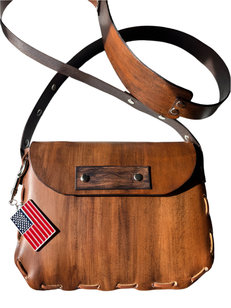 Brown Veg Tan Leather Crossbody Bag with USA Flag Keychain – Handmade Patriotic Leather Bag