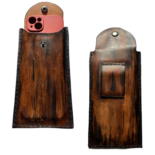 Brown Veg Tan Leather iPhone 15 Case - Handmade Rustic Leather Phone Sleeve