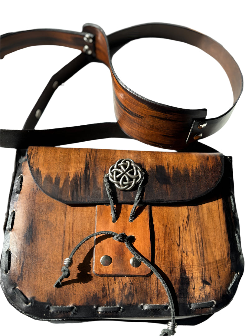 Brown and Black Veg Tan Leather Crossbody Bag with Celtic Concho – Rustic Handmade Leather Purse