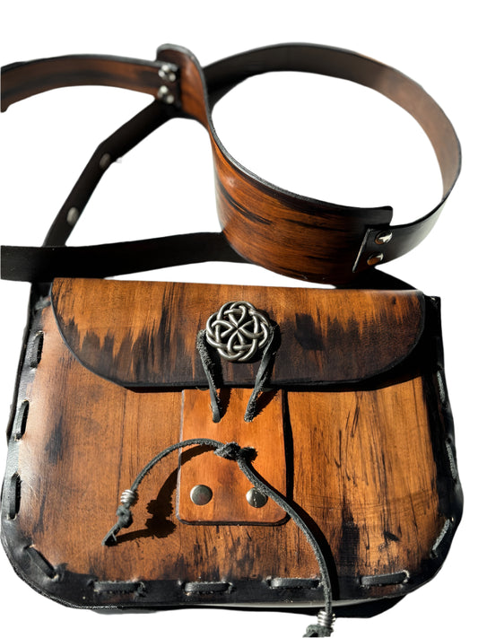 Brown and Black Veg Tan Leather Crossbody Bag with Celtic Concho – Rustic Handmade Leather Purse