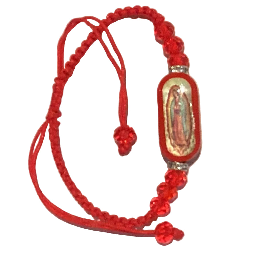 Adjustable Our Lady of Guadalupe faith bracelet with knotted thread, featuring devotional image and assorted colorful cords.