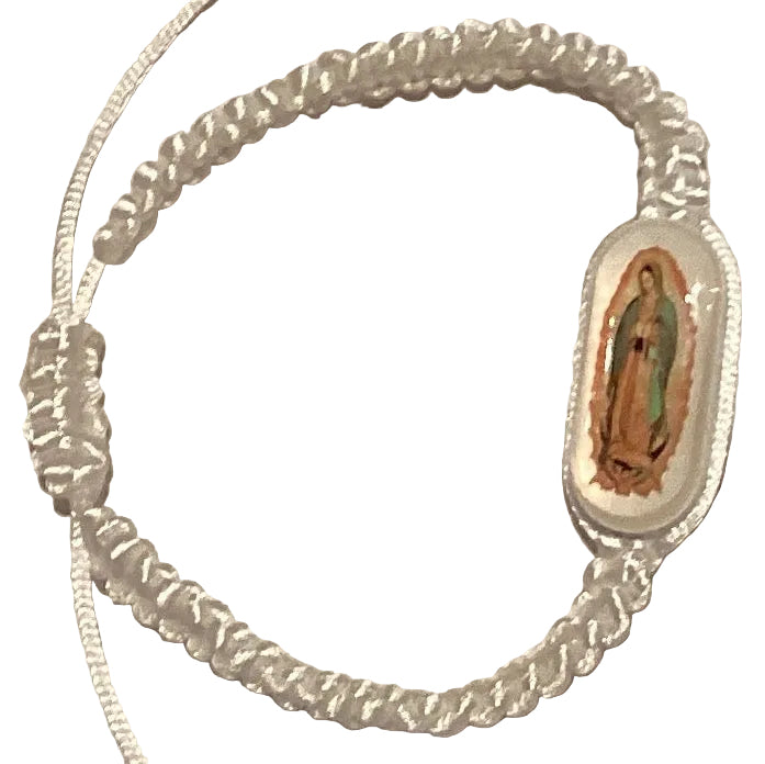 Adjustable Our Lady of Guadalupe faith bracelet with knotted thread in various cord colors, Catholic and Christian jewelry gift.