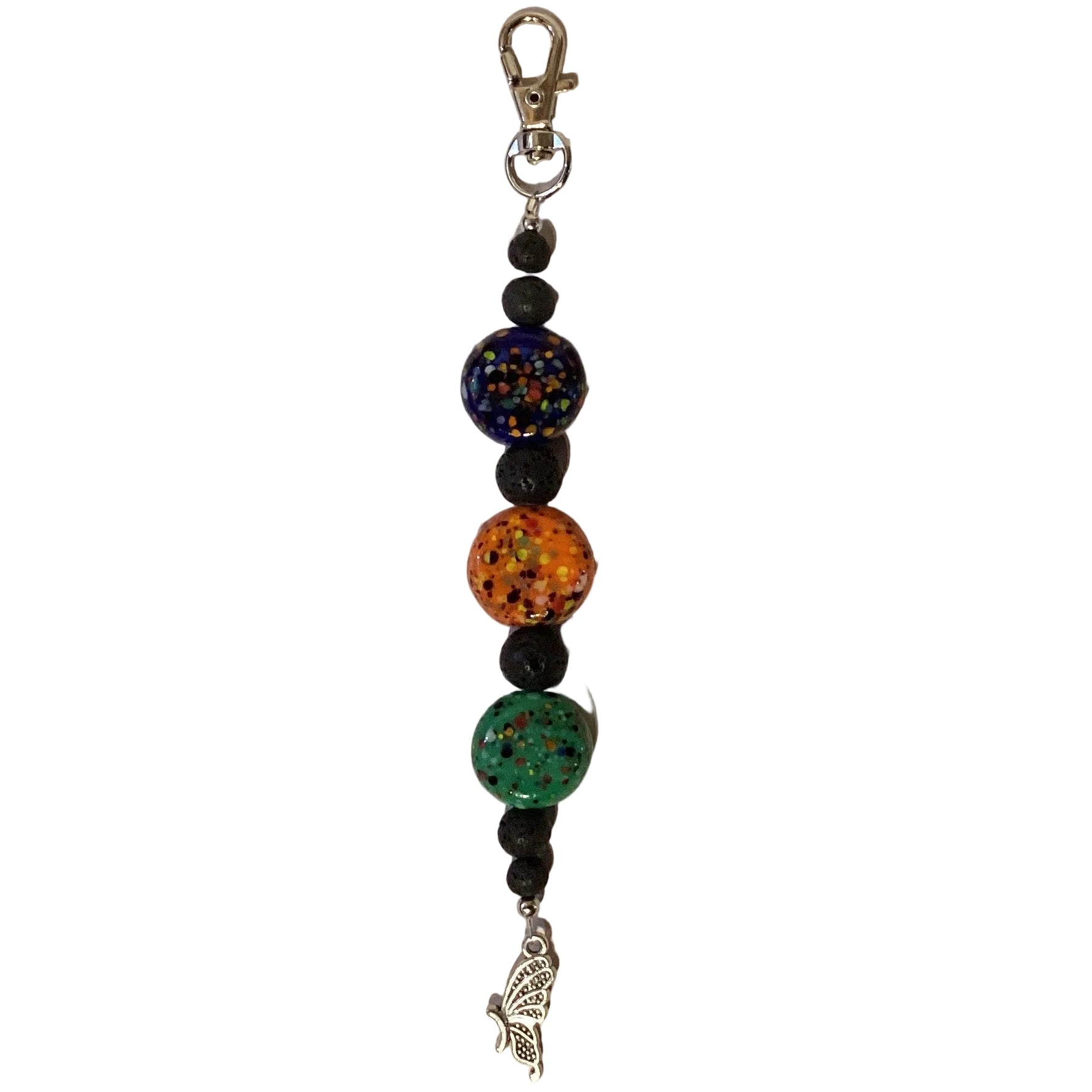 Handmade beaded keychain with glass gemstones and lava rock beads, 6 inches long, from Ysleta Mission Gift Shop.