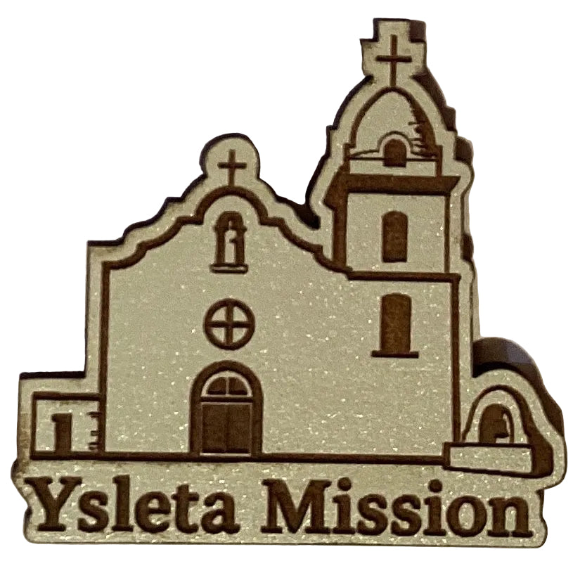 Mini 2x2 inch El Paso Mission Trail magnet with detailed laser engraving, featuring desert landscape and historic Mission design.