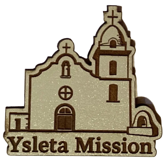 Mini 2x2 inch El Paso Mission Trail magnet with detailed laser engraving, featuring desert landscape and historic Mission design.