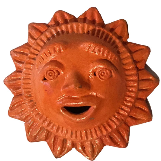 Orange clay sun wall decor by Ysleta Mission Gift Shop, featuring a vibrant sun design with textured orange ceramic material.