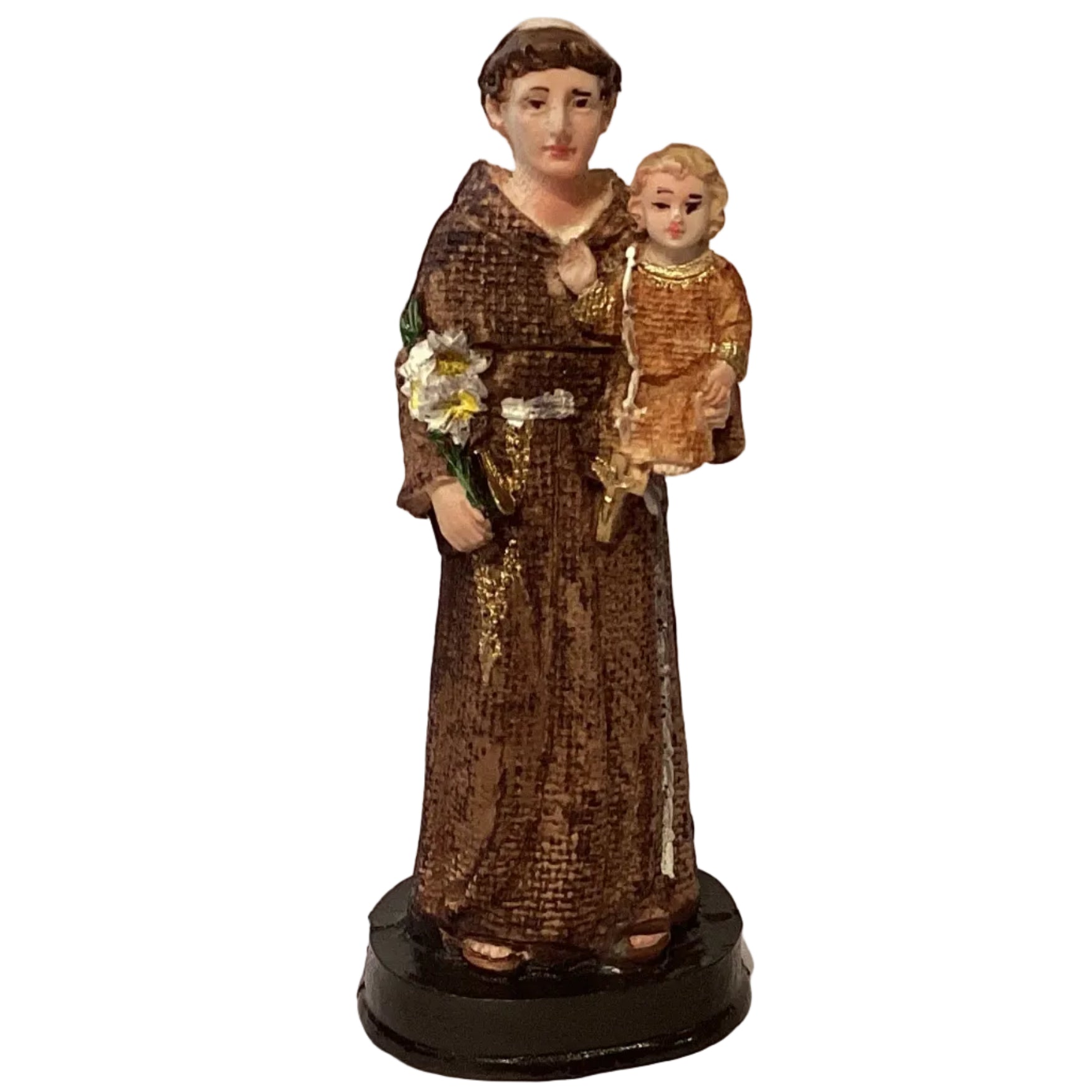 6-inch Saint Anthony devotional resin statue, Catholic Christian gift, depicting Saint Anthony holding the child Jesus.