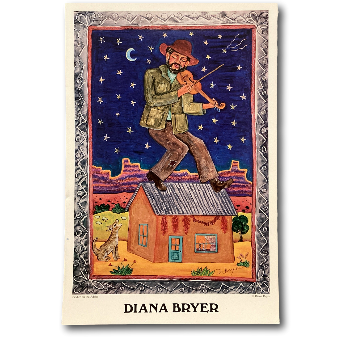 Fiddler on the Adobe art print by Diana Bryer, colorful desert scene artwork, suitable for home and garden decor.