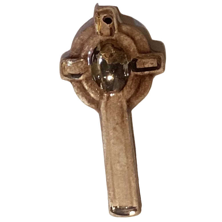 Handmade glazed clay mini cross, 1 inch Christian keepsake with detailed cross design, from Ysleta Mission Gift Shop.