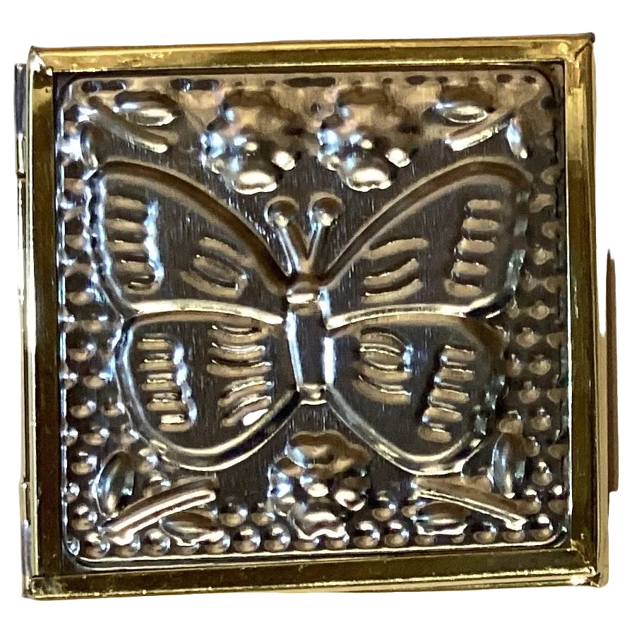 Gold embossed butterfly compact mirror, 2.25 inches, Ysleta Mission Gift Shop, decorative accessory for personal use.