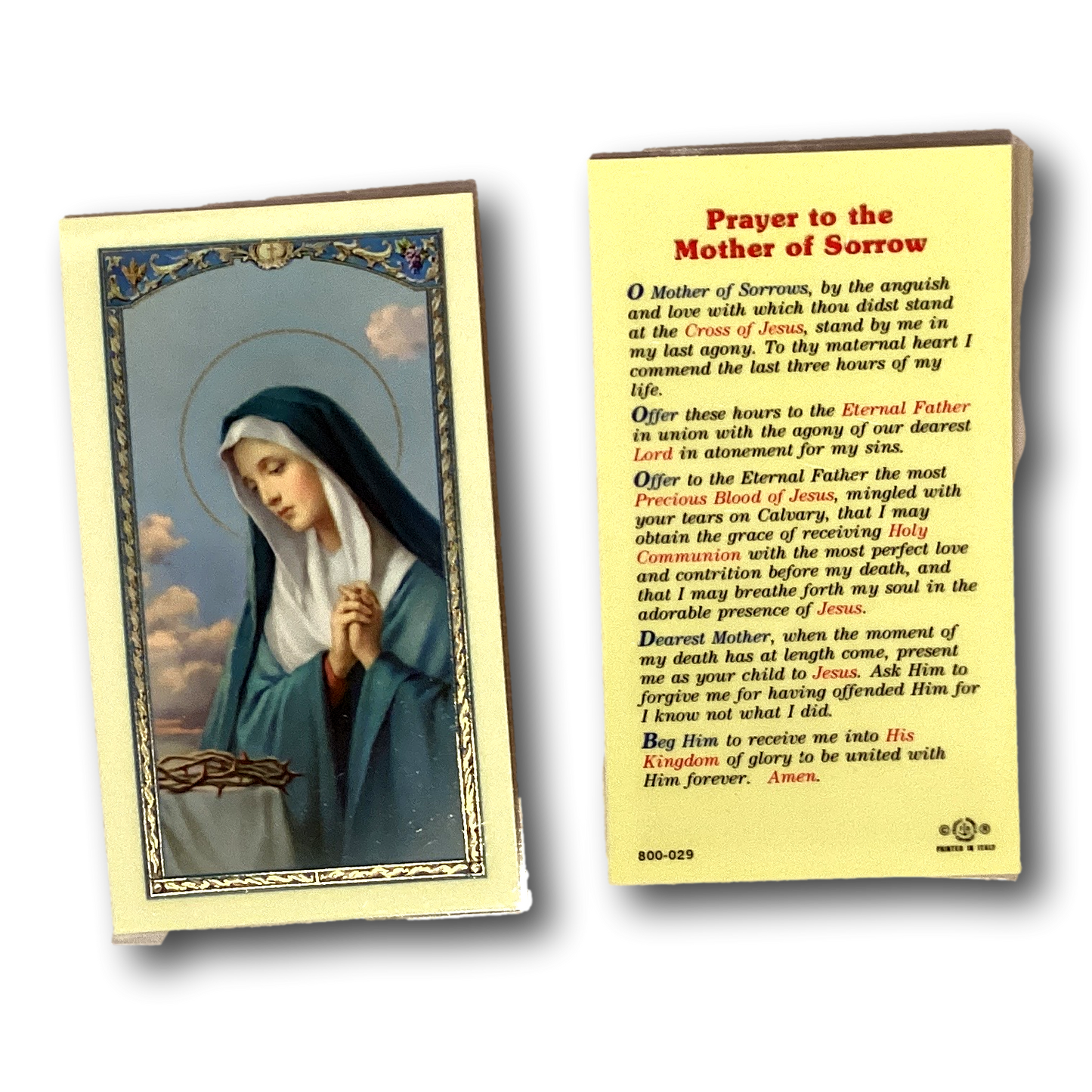 Prayer card featuring the Mother of Sorrows, with religious artwork and prayer text, from Ysleta Mission Gift Shop.