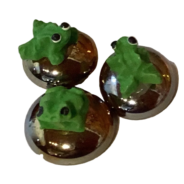 Handmade ceramic frog figurine, 0.75 inches tall, from Ysleta Mission Gift Shop, suitable as a decorative home and garden accent.