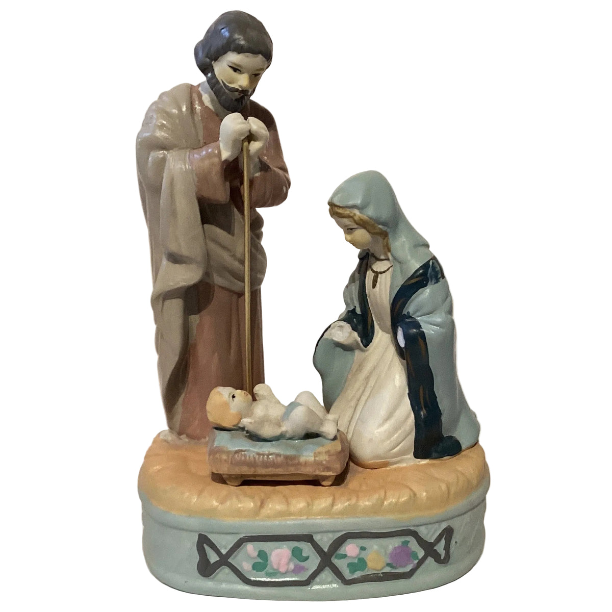 Hand-painted ceramic Nativity scene statue, 8 inches tall, depicting Christian saints in detailed Catholic ceramic art.