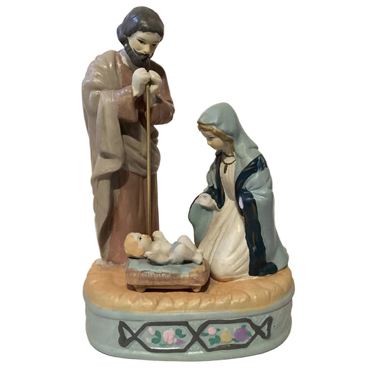 Hand-painted ceramic Nativity scene statue, 8 inches tall, depicting Christian saints in detailed Catholic ceramic art.