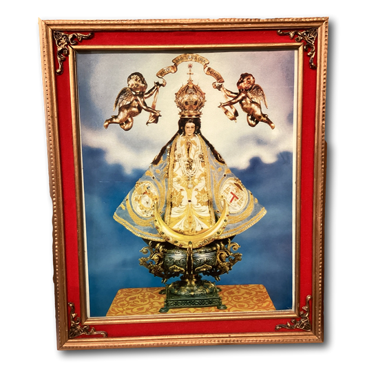 Vintage red velvet framed wall decor featuring Virgen de San Juan de Los Lagos, 14x17 inches, by Ysleta Mission Gift Shop.