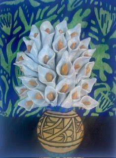 Acrylic Painting with Bas Relief Calla Lilies, Vase & Native Design 8x6