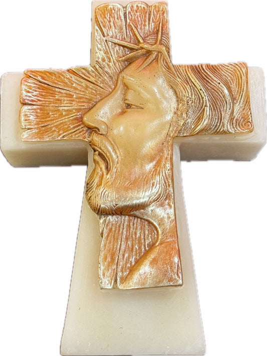 Candle Handcrafted  Cross of Jesus’ Face – Faith-Based Folk Art | Vela Cruz Jesus Rostro de Cristo Hecha a Mano – Arte Popular de Fe