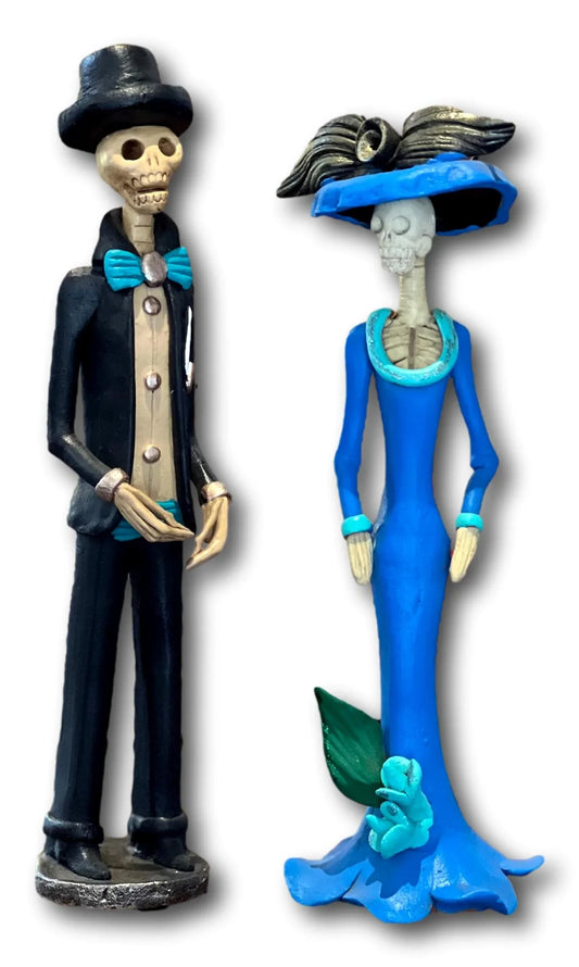 Colorful Medium Catrina Figurine Set- Mexican Folk Art Skeletons, 10.5 x 2 Inches - Ysleta Mission Gift Shop