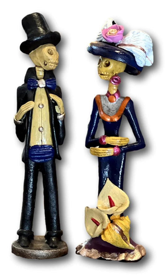 Colorful Small Catrina Figurine Couple Set- Day of the Dead Handcrafted Art, 7.5 x 2 Inches - Ysleta Mission Gift Shop