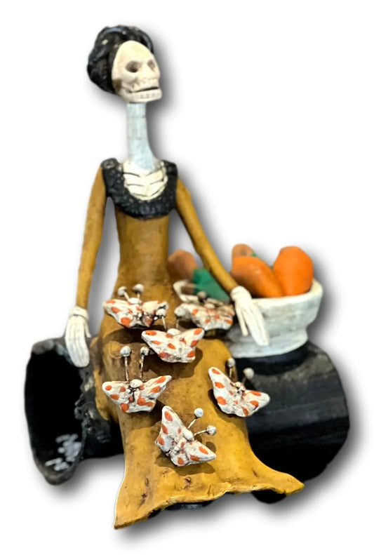 Seated Catrina Figurine with Butterflies and Vegetables- Mexican Day of the Dead Folk Art, 8.5 x 5 Inches - Ysleta Mission Gift Shop