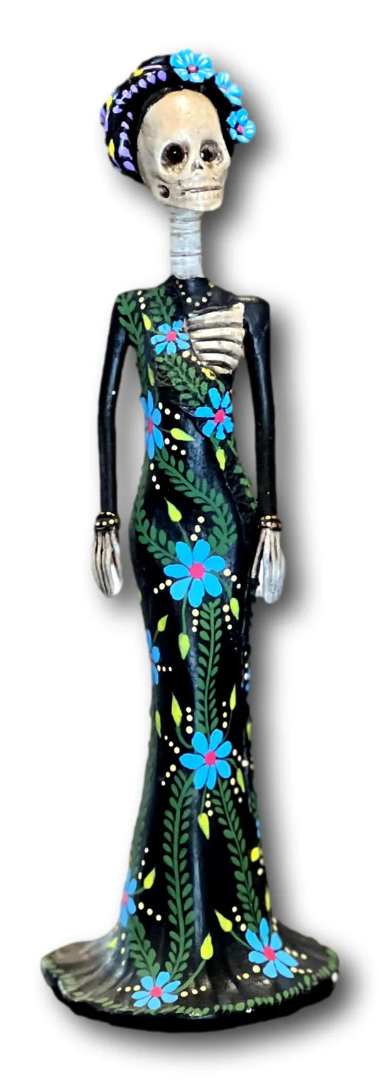 Hand-Painted Black Catrina with Floral Dress - Traditional Mexican Folk Art Figurine, 11.5 x 4 Inches - Ysleta Mission Gift Shop
