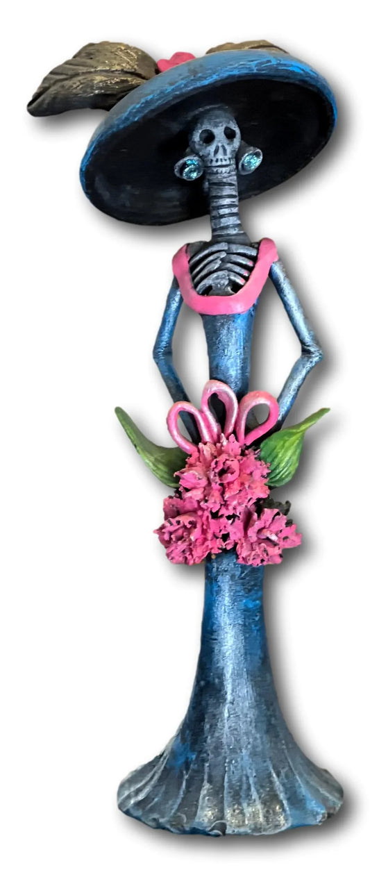 Colorful Catrina with Pink Flowers- Mexican Day of the Dead Folk Art Figurine , 12 x 4 Inches - Ysleta Mission Gift Shop