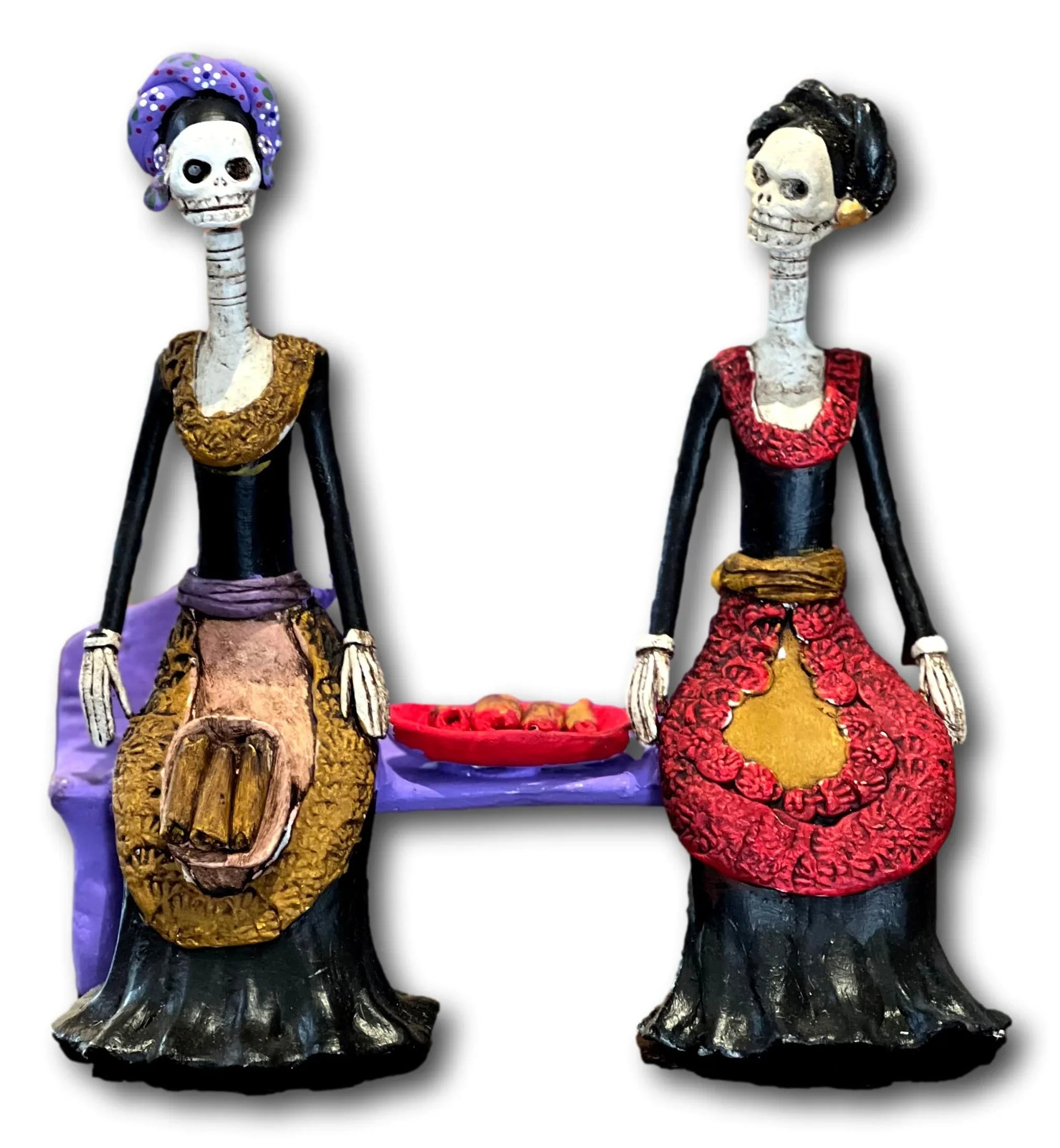 Catrinas "The Comadres" Sitting on Bench- Handcrafted Mexican Folk Art Skeleton Figurine, 8 x 7.5 Inches - Ysleta Mission Gift Shop