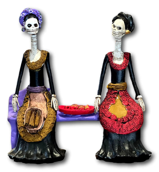 Catrinas "The Comadres" Sitting on Bench- Handcrafted Mexican Folk Art Skeleton Figurine, 8 x 7.5 Inches - Ysleta Mission Gift Shop