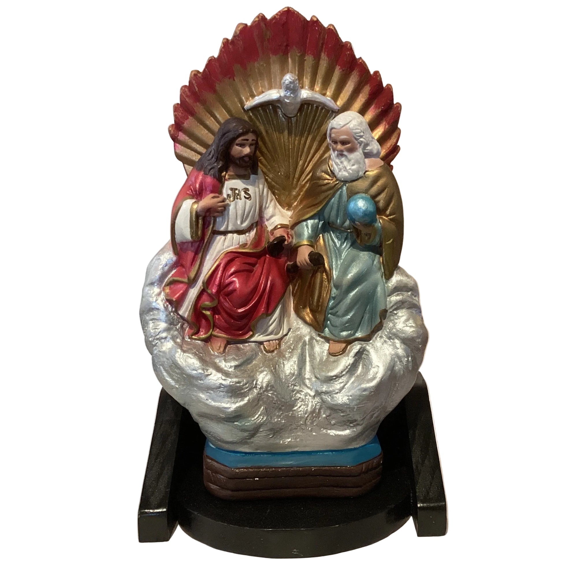 Ceramic Trinity on cloud statue framed in wood religious wall hanging Catholic Christian decor 14 inch